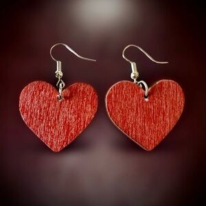 ⭐️ 5 for $25 Wooden Heart-Shaped Red Earrings with Silver Tone Hoops